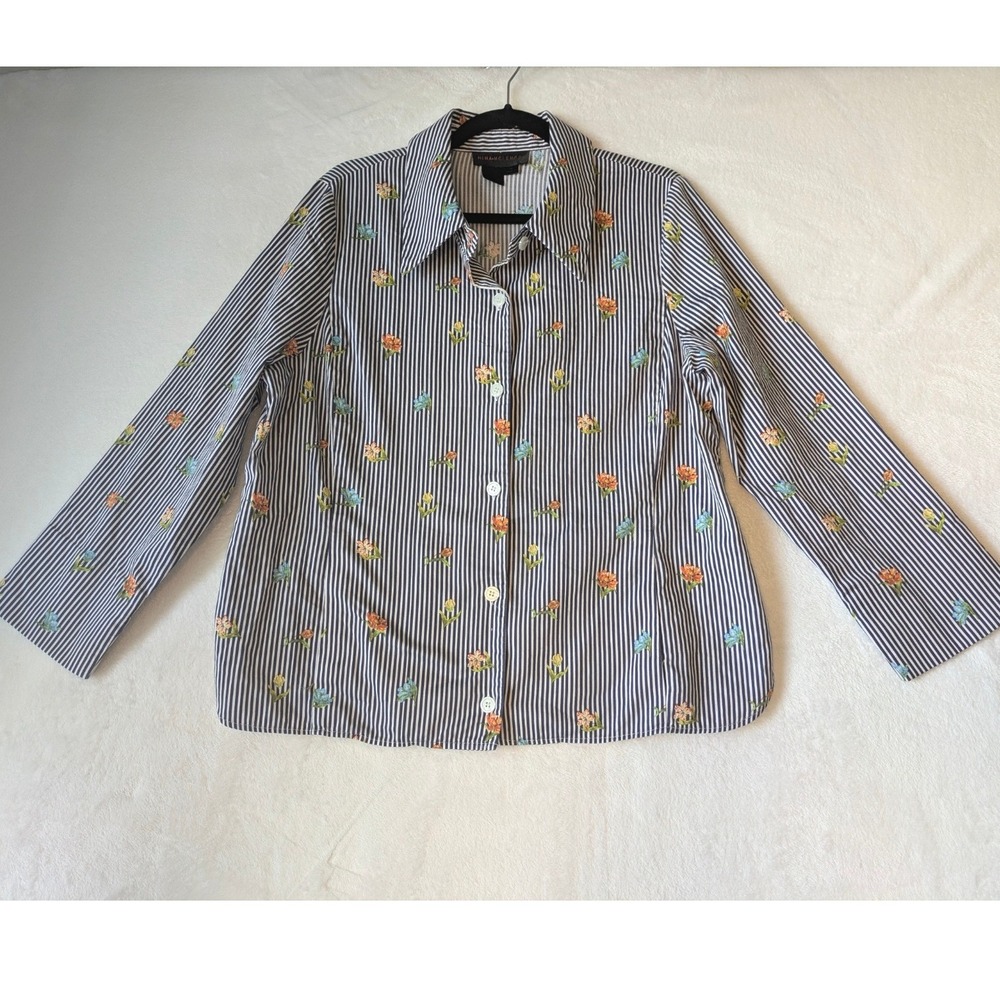 Nina McLemore Button Down Blouse‎ Size 14 Blue Stripe Floral Shirt
